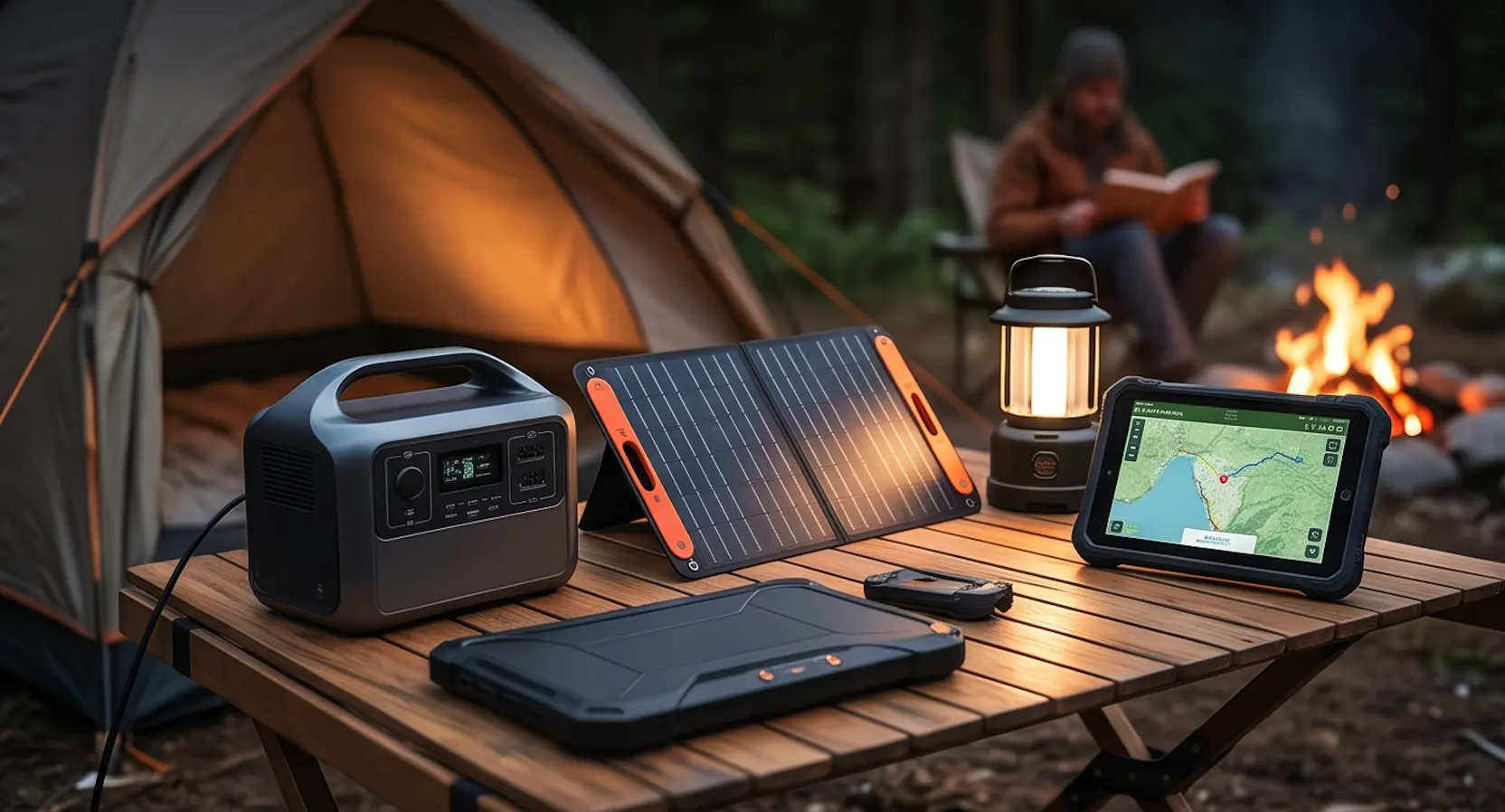 Modern camping gadgets and solar panels